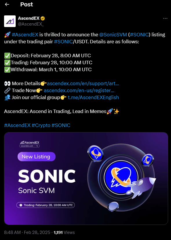 SONIC SVM to Be Listed on AscendEX