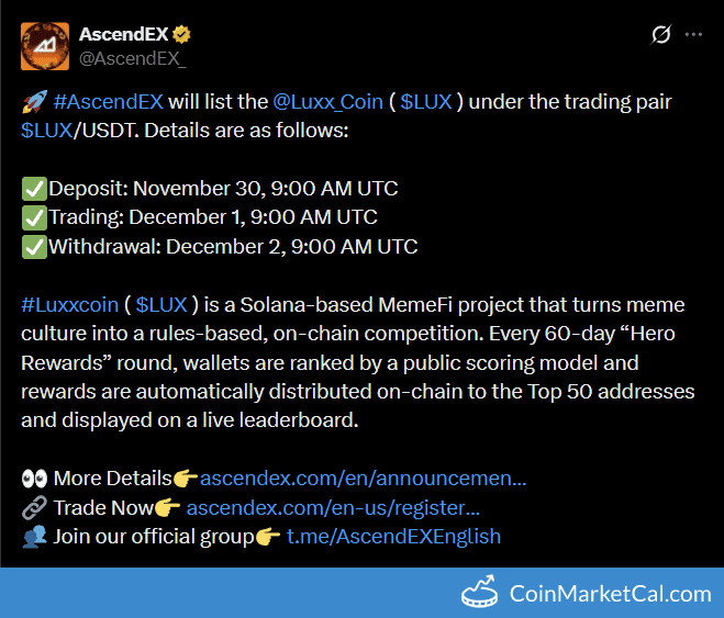 AscendEX Listing of Luxxcoin (LUX)
