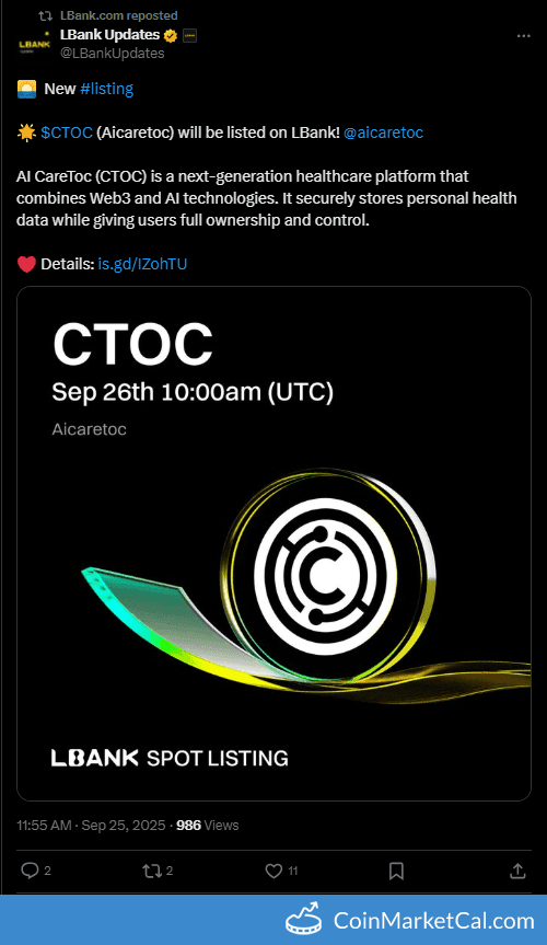 LBank Listing AI CareToc (CTOC)