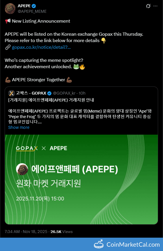 Gopax Listing of Ape and Pepe (APEPE) Token on November 20, 2025