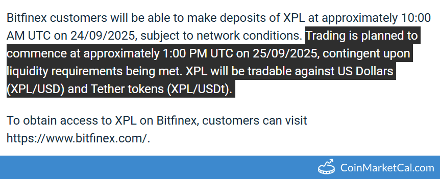 Bitfinex Plasma (XPL) Token Listing