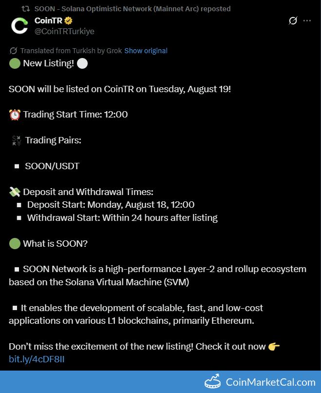 SOON (SOON) Listing on CoinTR