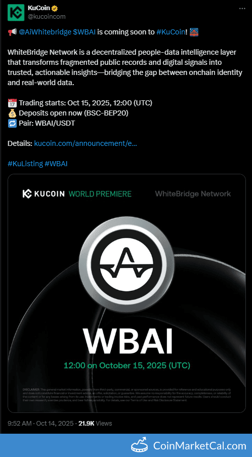 KuCoin Listing: WhiteBridge Network (WBAI) on 2025-10-15