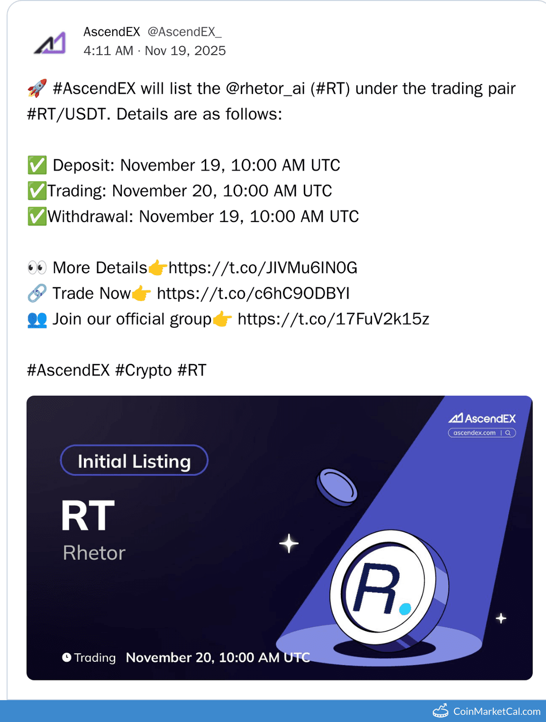 AscendEX Listing of Rhetor (RT) with RT/USDT Pair