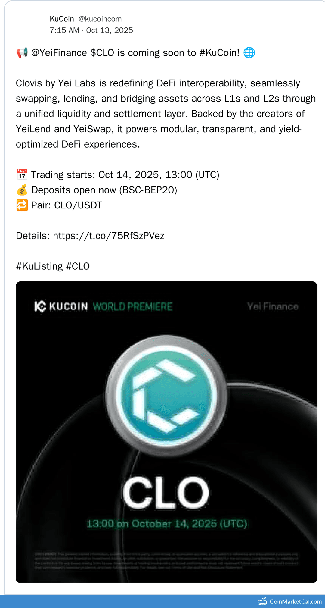 KuCoin Listing of Yei Finance (CLO) on October 14, 2025