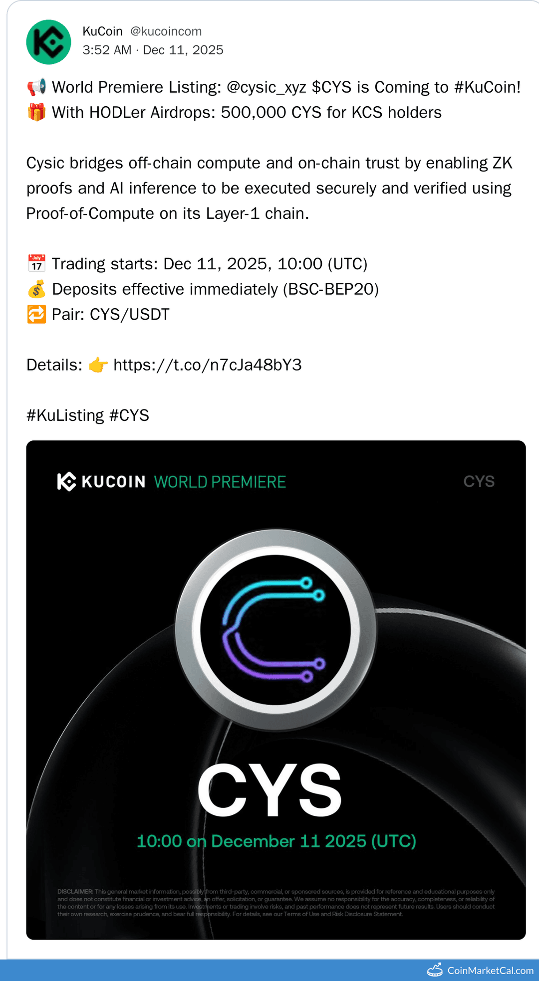 KuCoin Listing of Cysic (CYS) Token