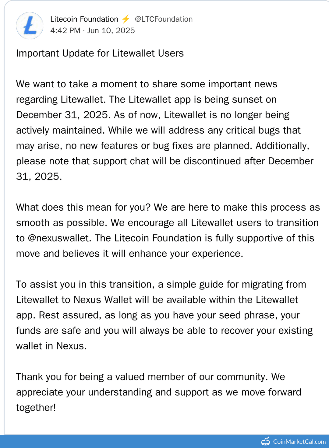 Litecoin Foundation Litewallet Sunsets