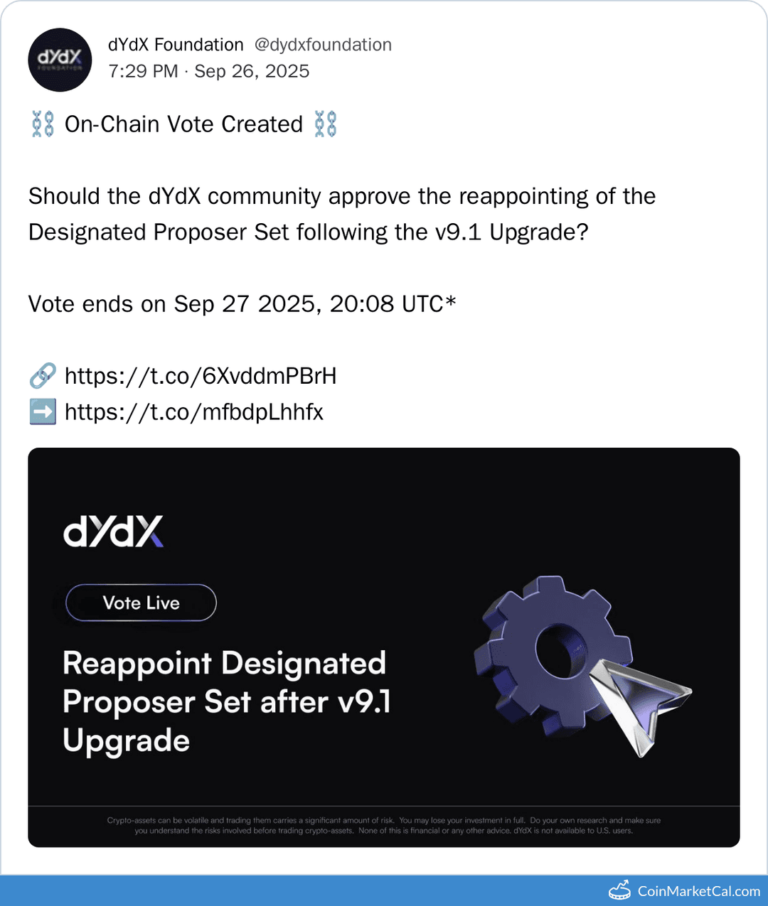 dYdX Prop #285 Vote: Reappoint Designated Proposer Set