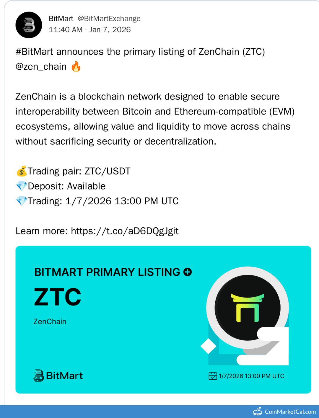 BitMart Listing of ZenChain (ZTC)