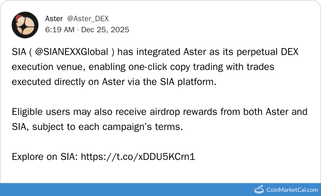 SIA Integration with Aster for Perpetual DEX Execution