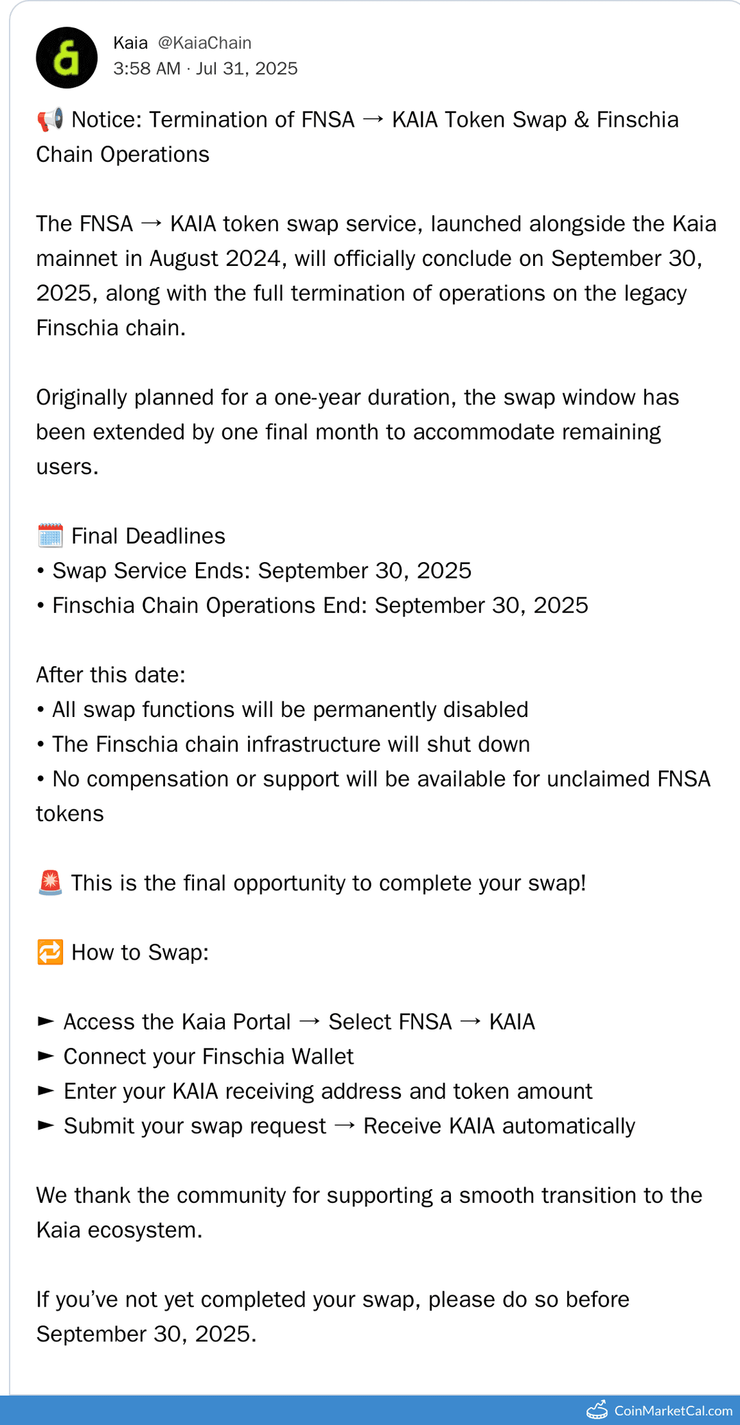 Kaia FNSA to KAIA Swap Ends