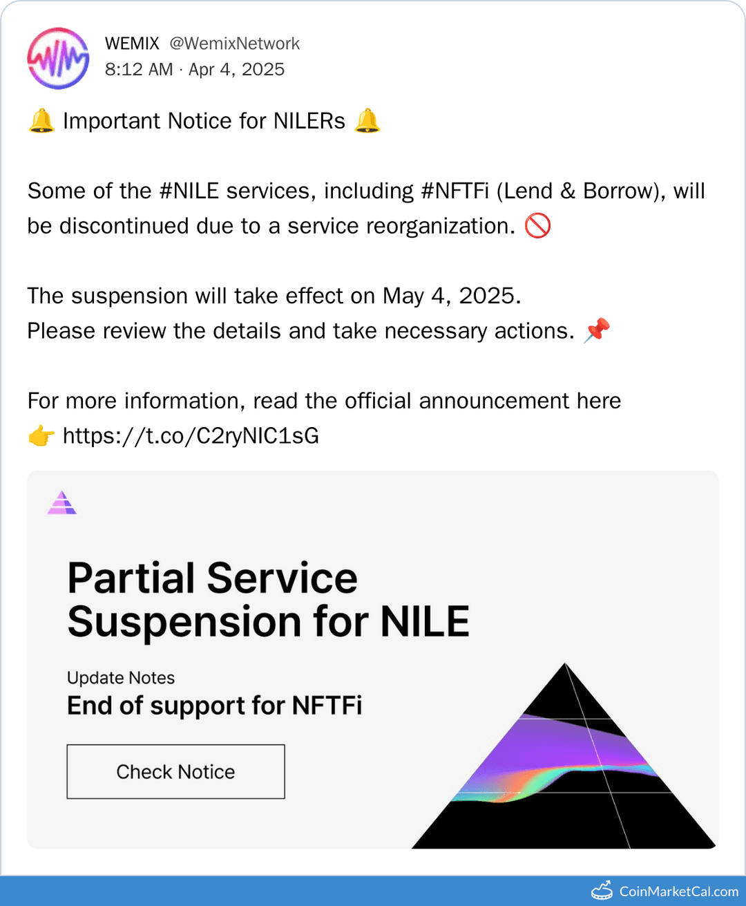 Discontiniuation of NILE Services