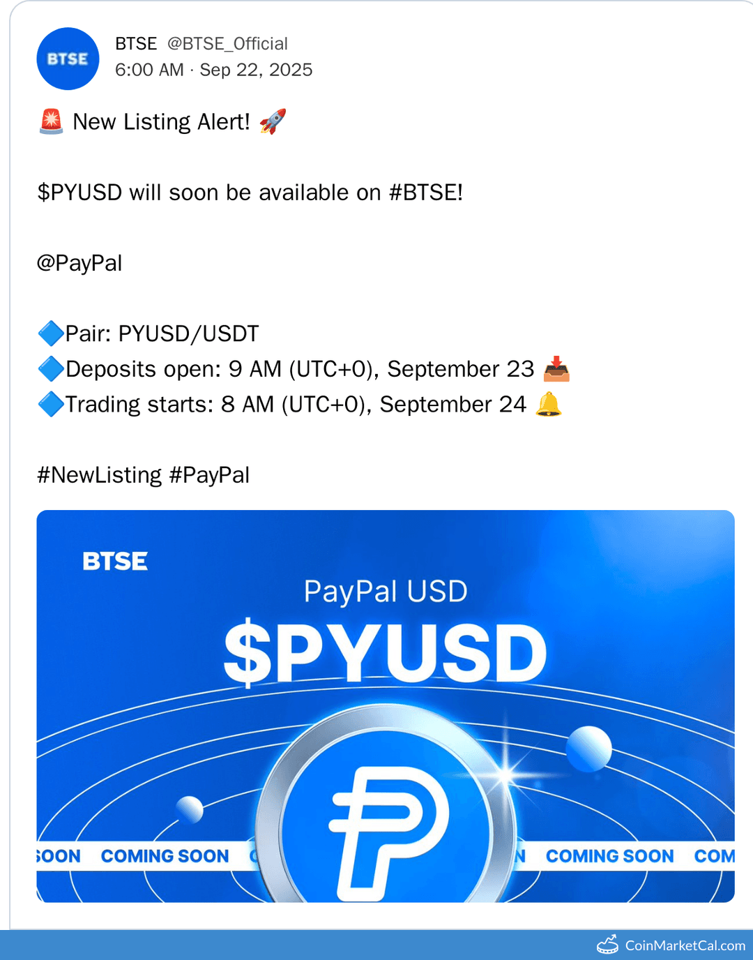 BTSE PayPal USD (PYUSD) Listing on September 24