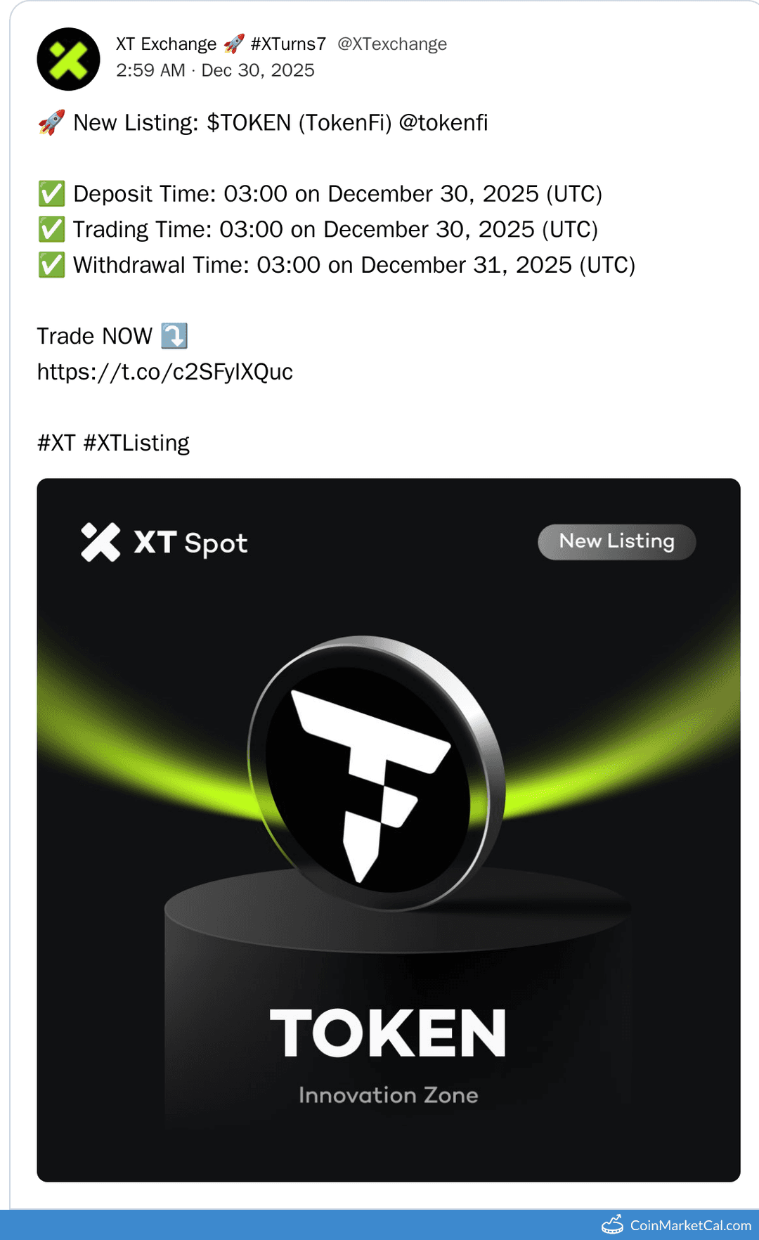 XT.COM TokenFi TOKEN/USDT Listing