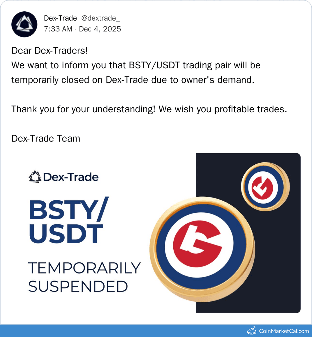Dex-Trade BSTY/USDT Trading Suspension