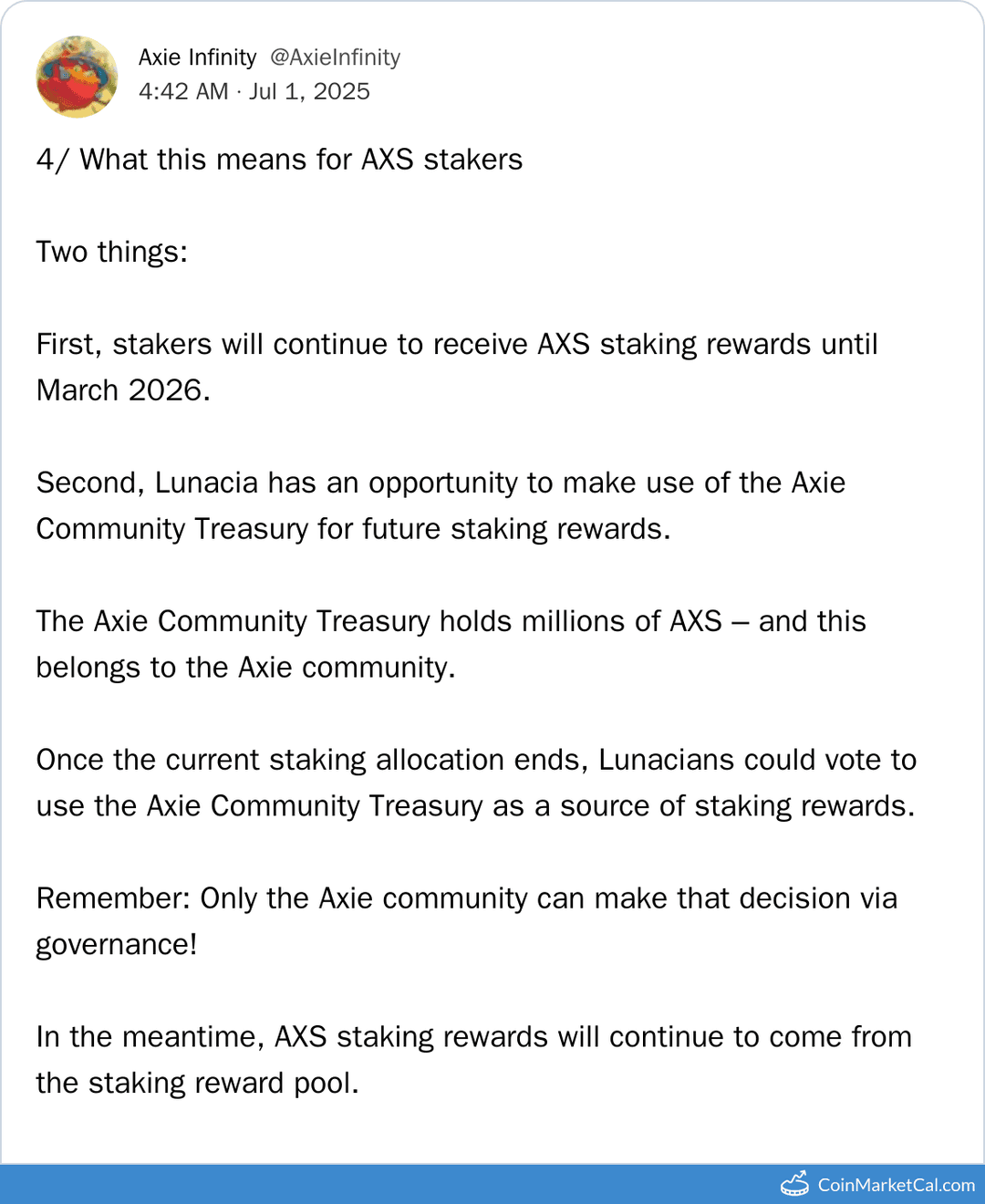 Axie Infinity AXS Staking Rewards End
