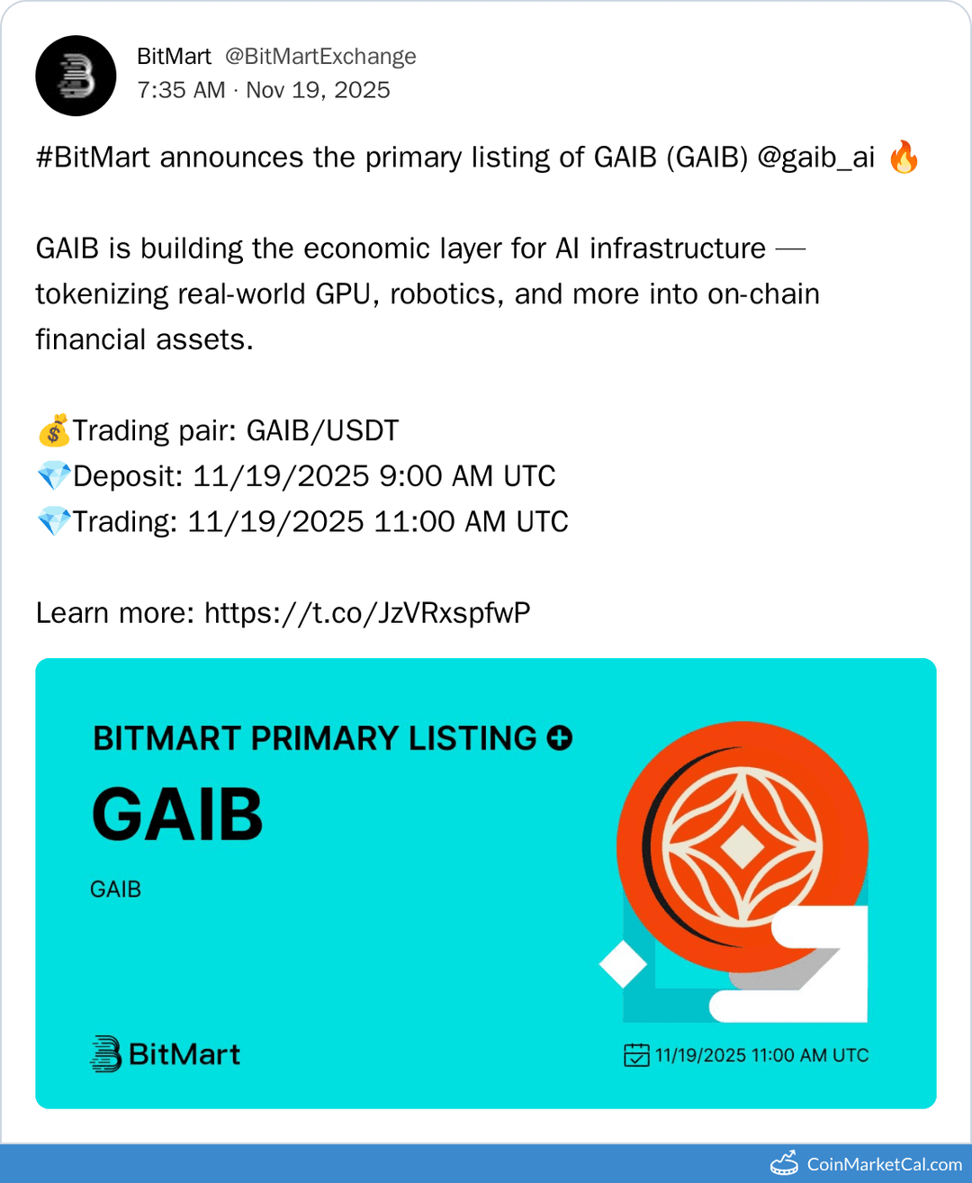 BitMart Listing GAIB on Nov 19, 2025