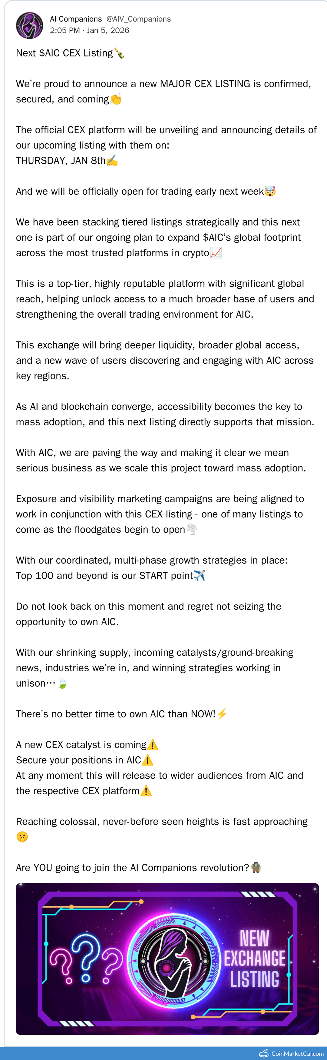 AI Companions Major CEX Listing ANN