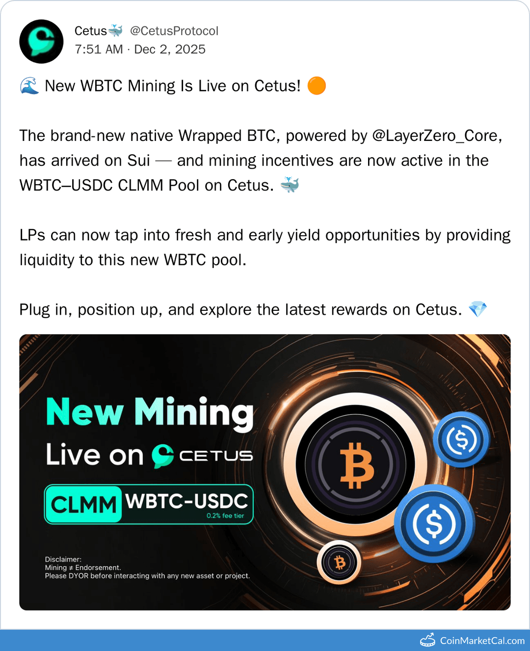 Cetus Protocol WBTC Mining Incentives