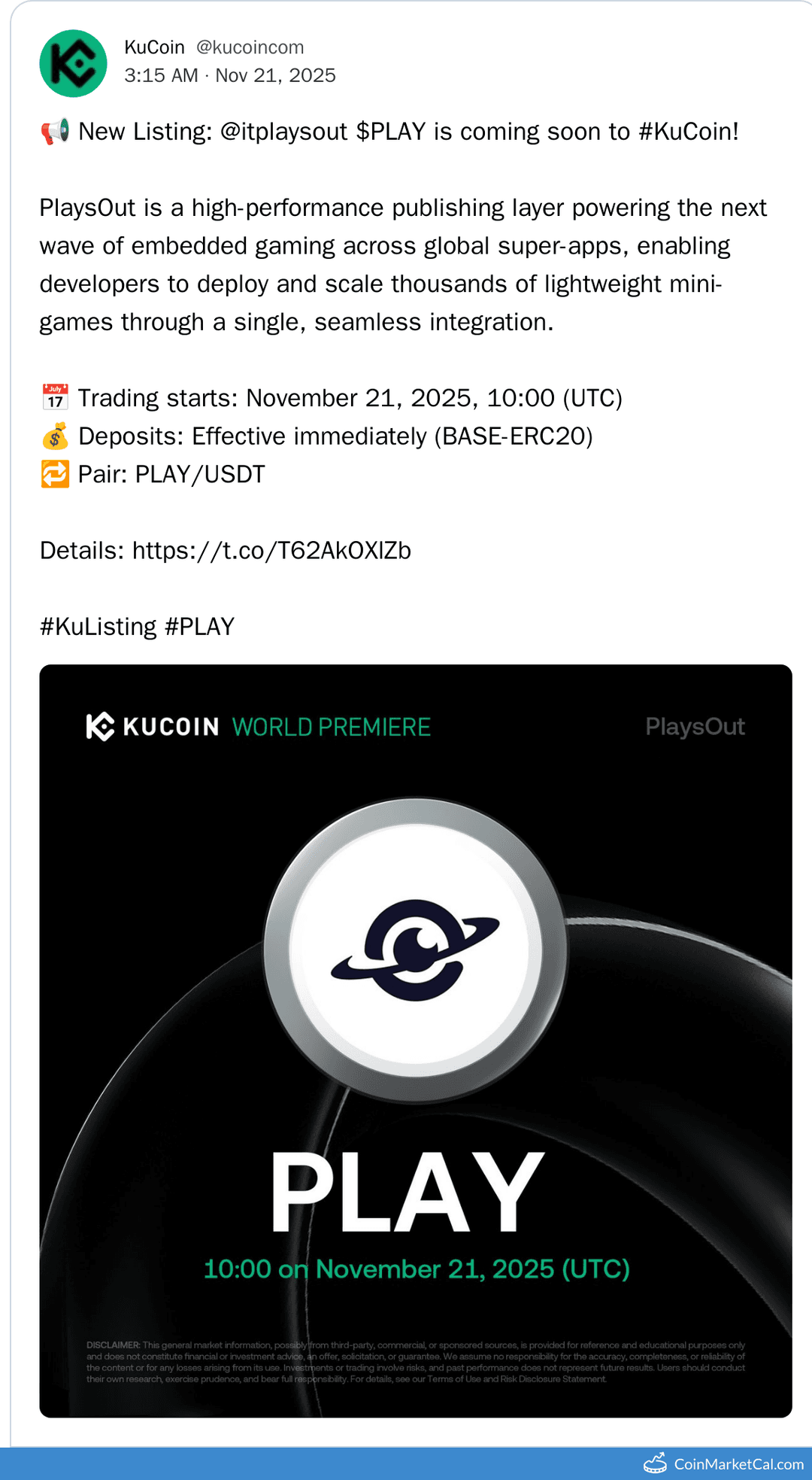 KuCoin Listing of PlaysOut (PLAY) on Nov 21, 2025