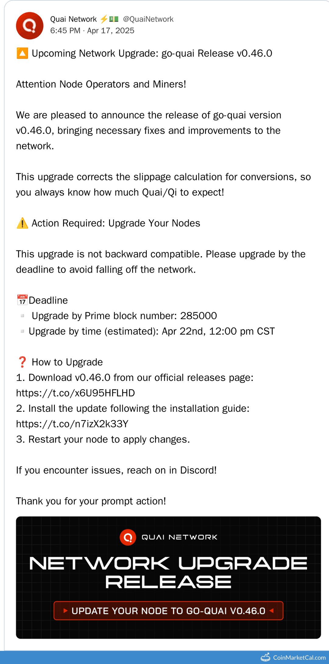 Go-quai V0.46.0 Deadline