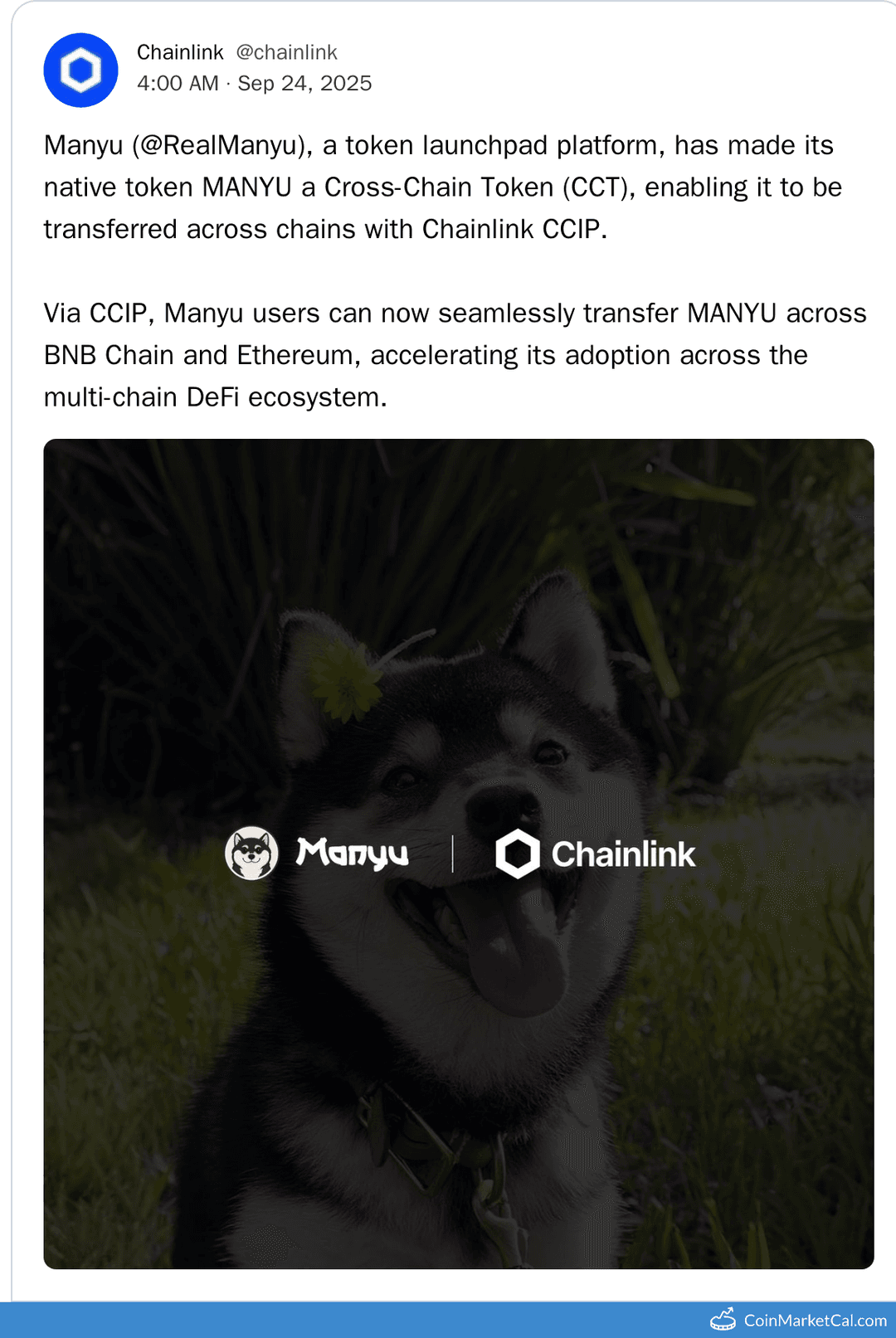 Chainlink CCIP Integrates Manyu for Cross-Chain Transfer
