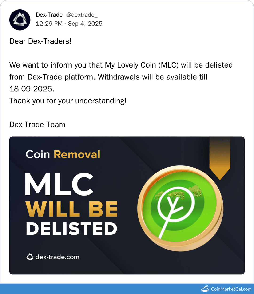 MLC Delisting from Dex-Trade