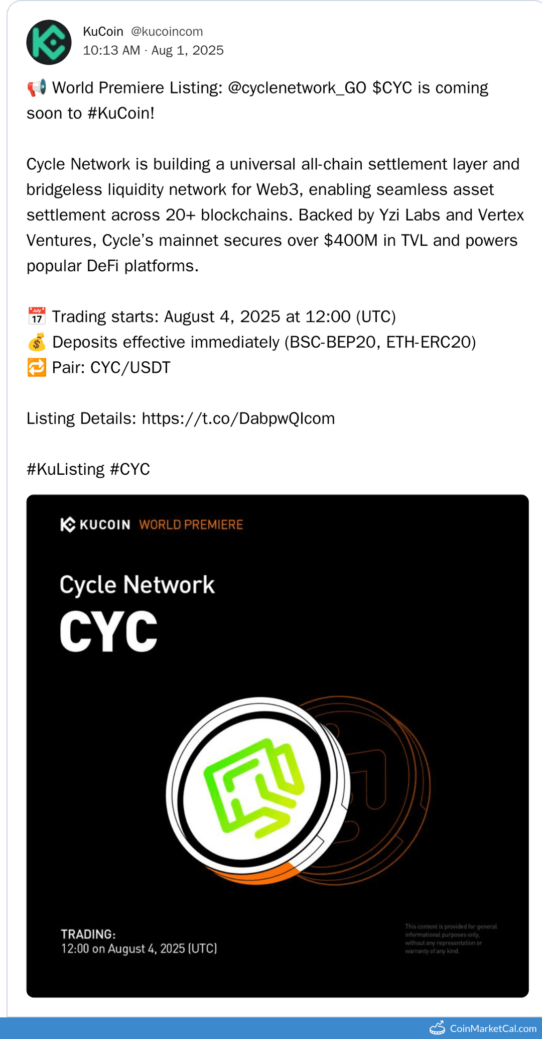 Cycle Network ($CYC) Listing on KuCoin