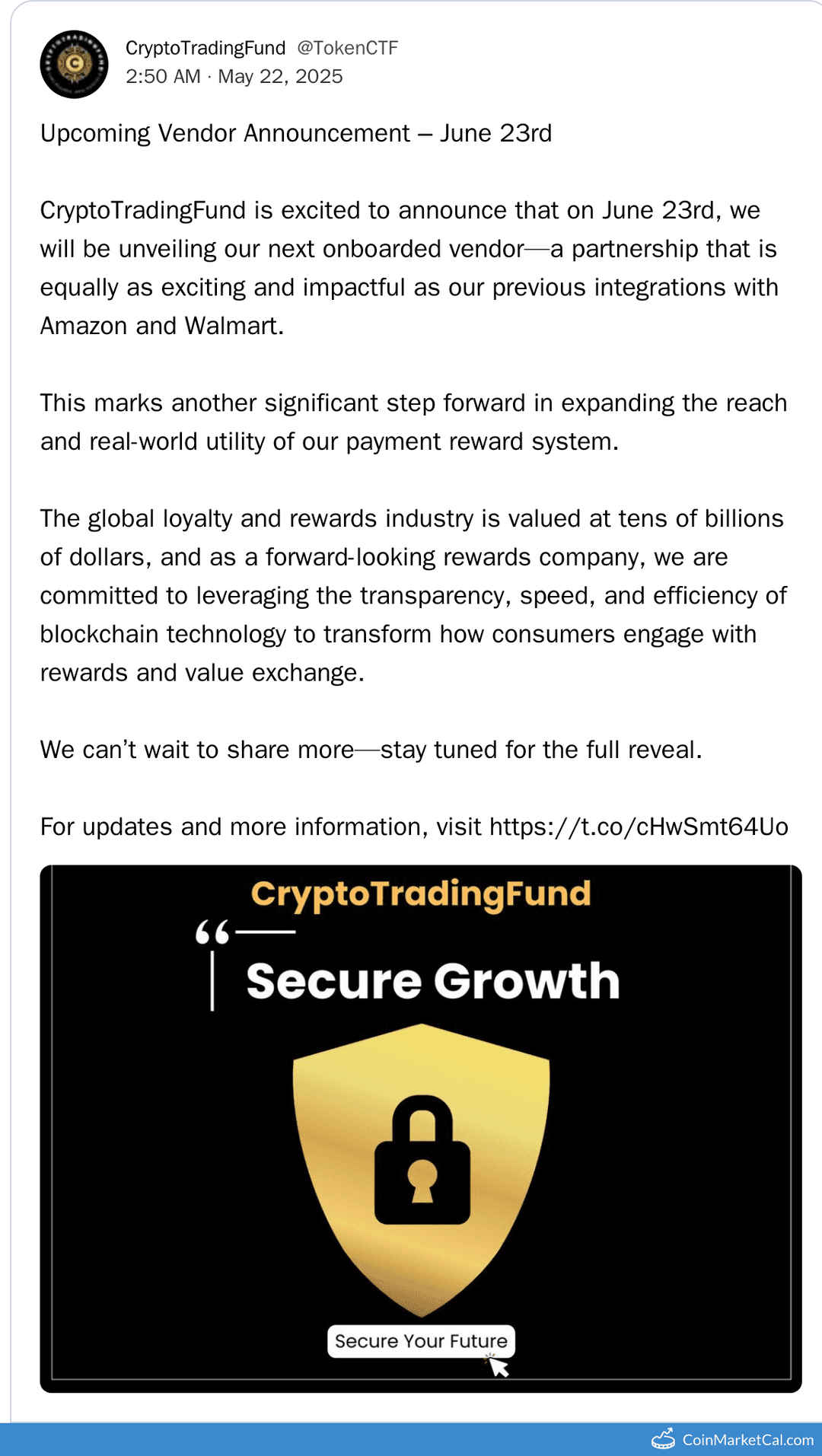 CryptoTradingFund Vendor Announcement