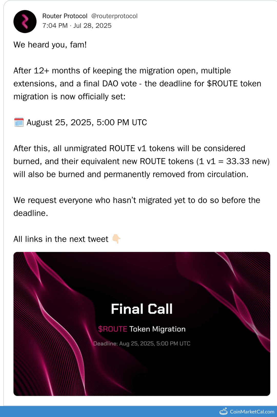 $ROUTE Token Migration Deadline