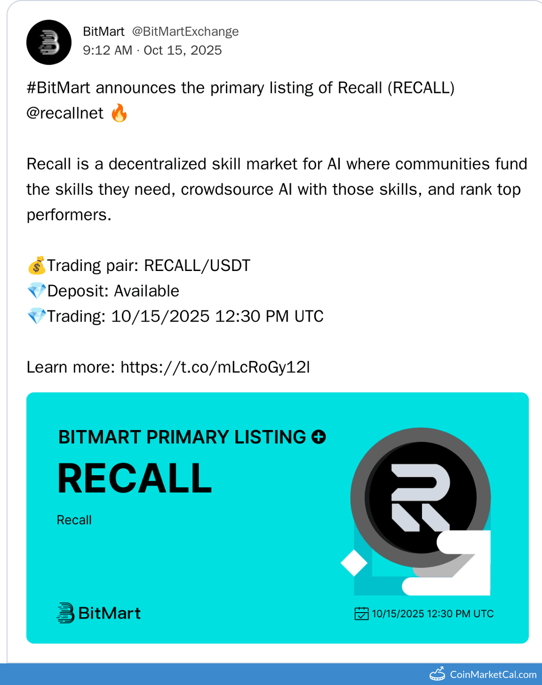 BitMart Listing of Recall Token