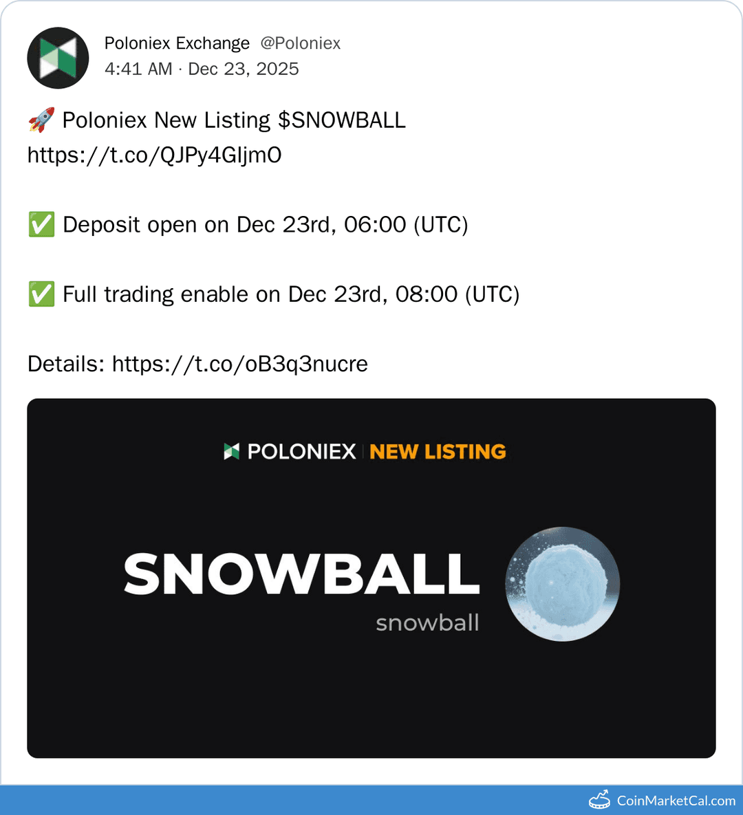 Poloniex Listing for Snowball (SNOWBALL)
