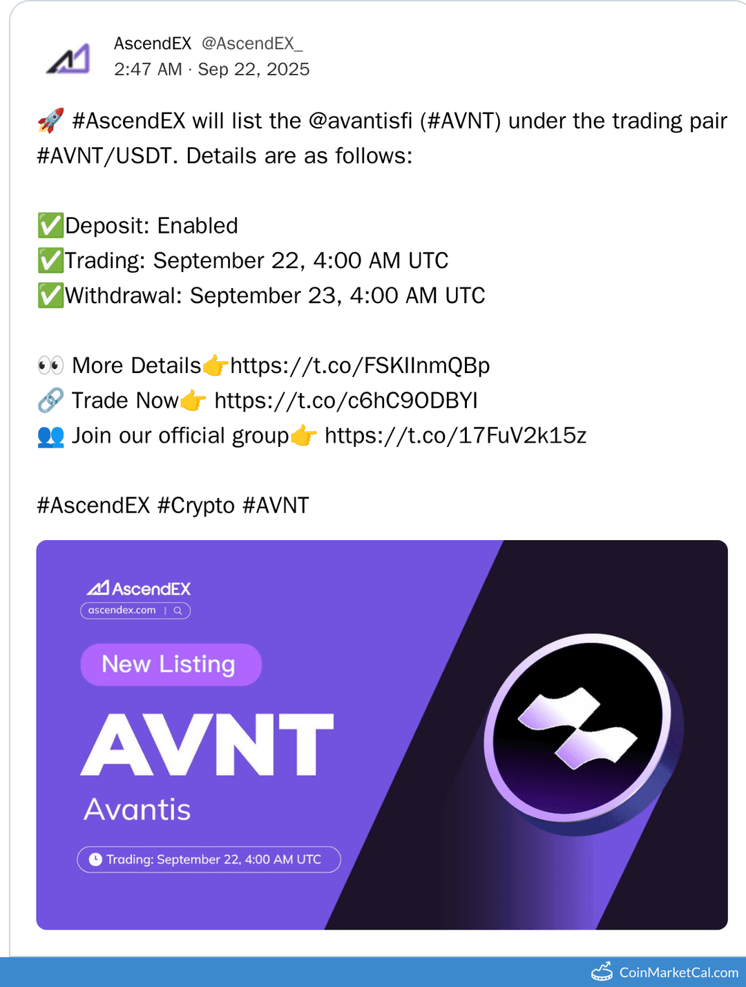 AscendEX Listing Avantis AVNT/USDT