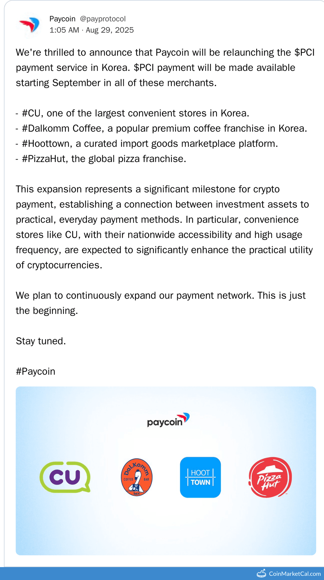 Paycoin $PCI Payment Service Relaunch in Korea