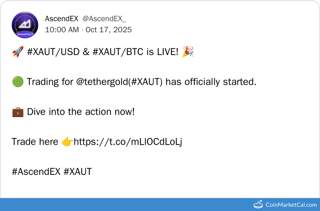 AscendEX Listing of Tether Gold (XAUT)