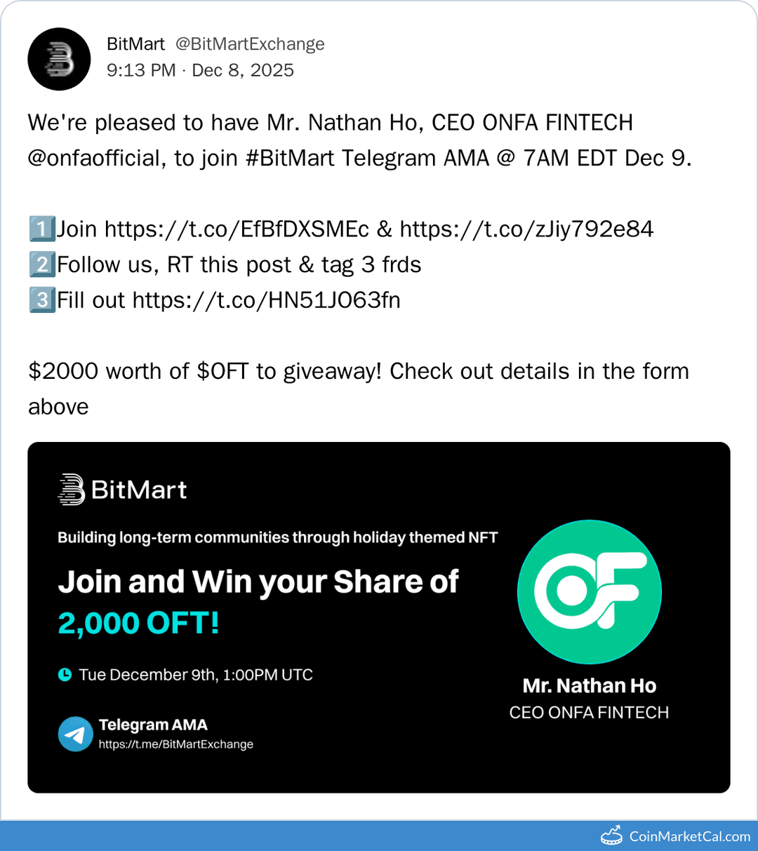 AMA with BitMart Featuring ONFA FINTECH CEO Nathan Ho