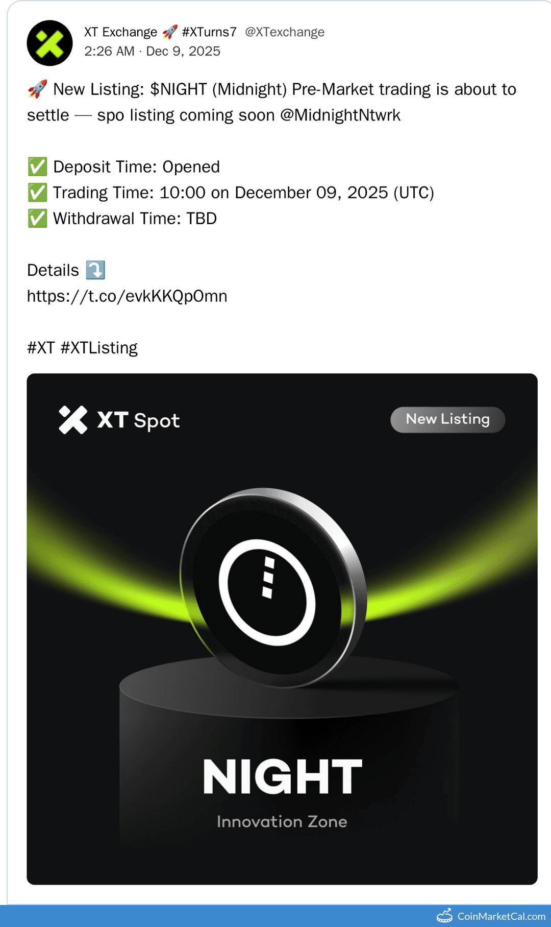 XT.COM Listing of Midnight (NIGHT)