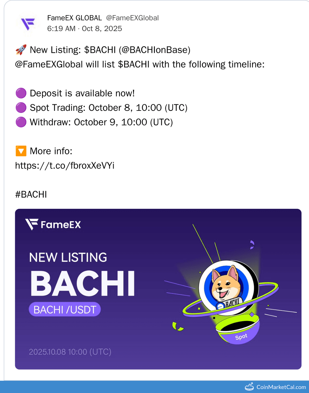FameEX BACHI Listing