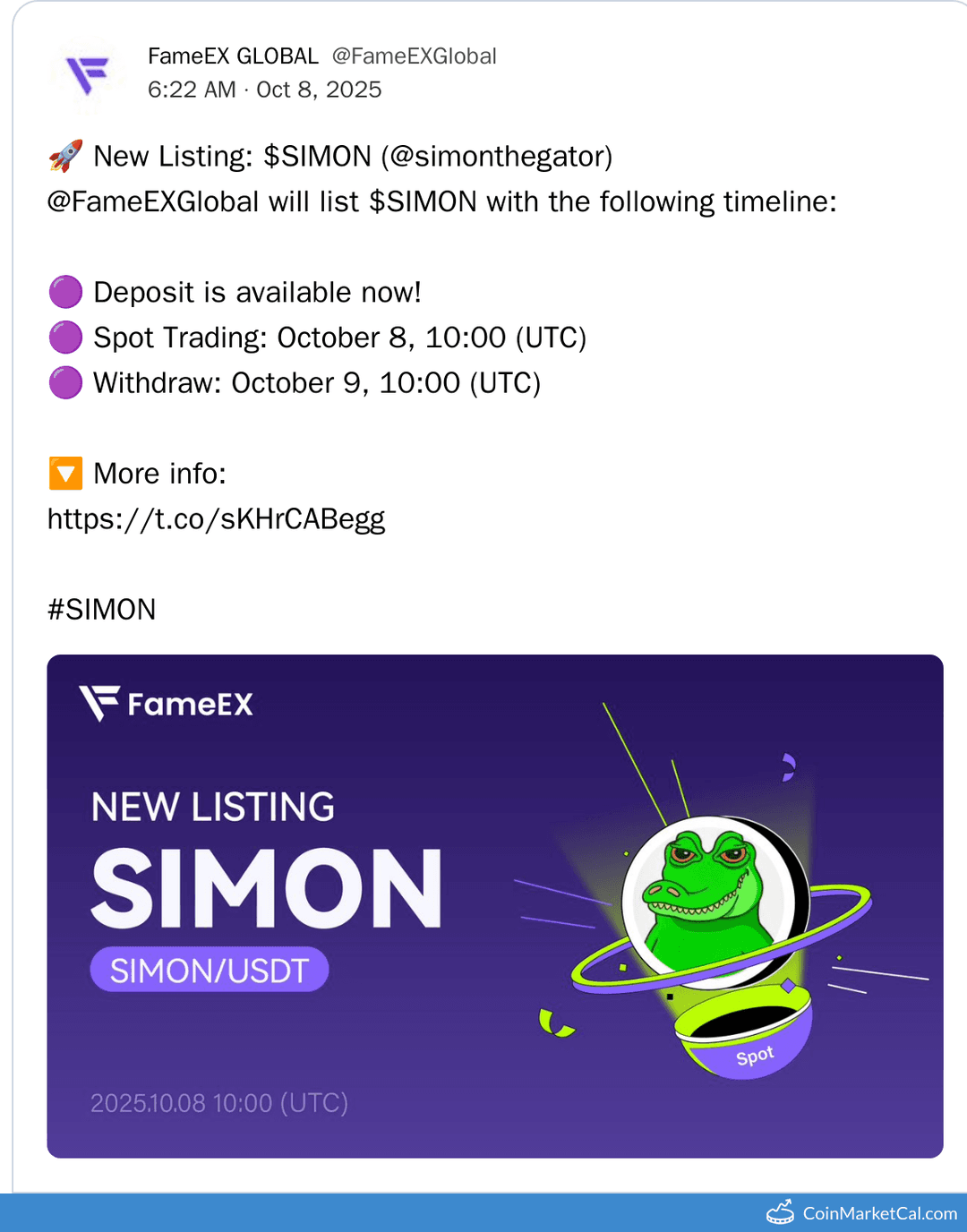 FameEX Simon the Gator Listing