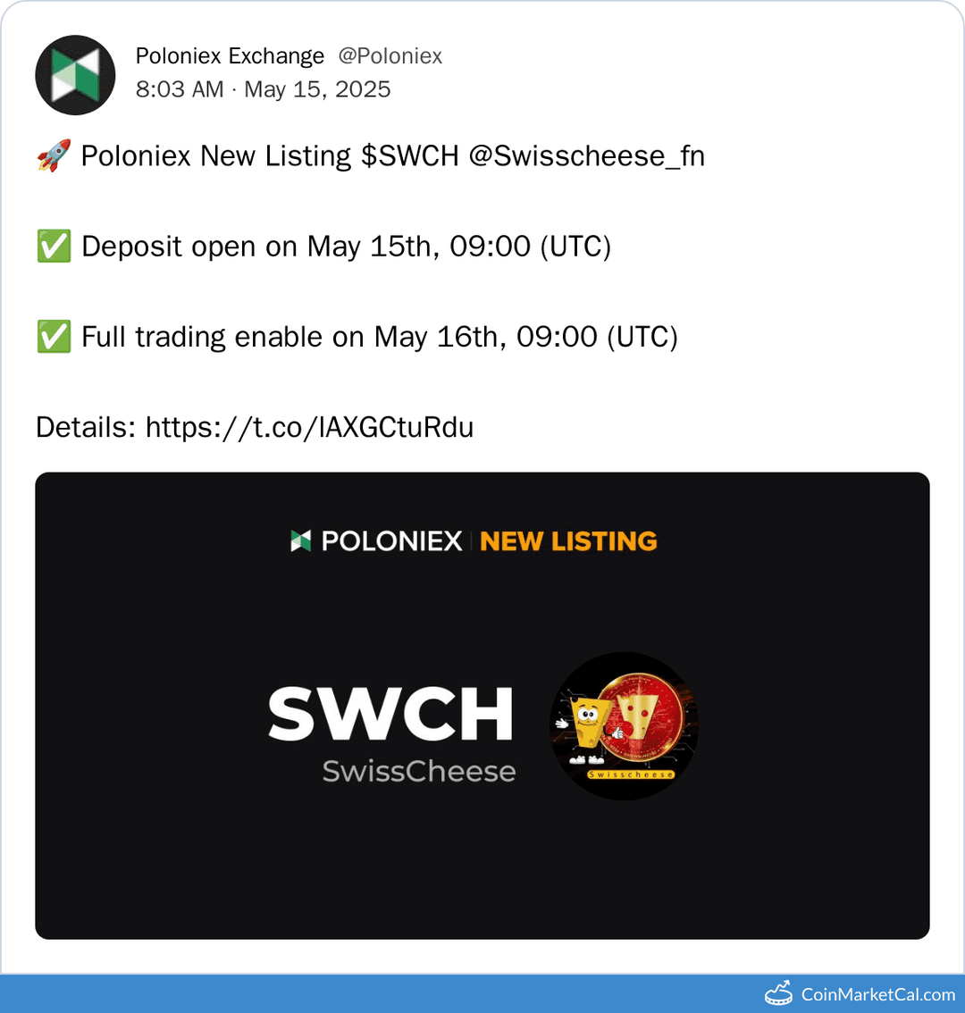 Poloniex Lists SwissCheese Token (SWCH)