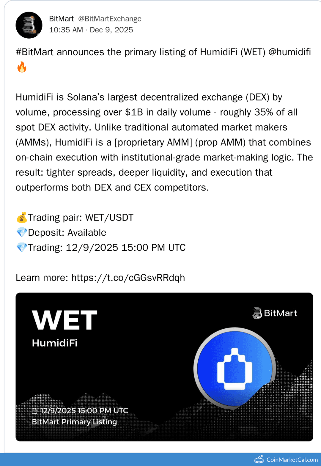 BitMart Listing of HumidiFi with WET/USDT Pair