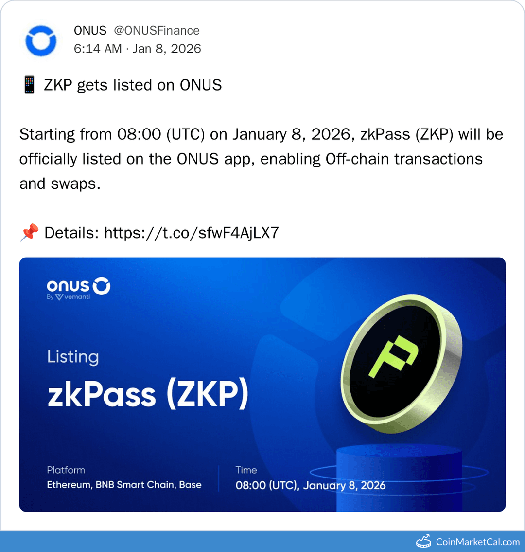 ONUS Listing of ZkPass
