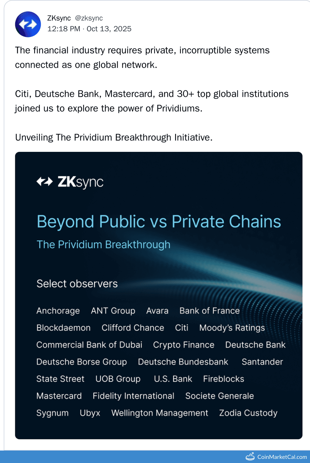 ZKsync Prividium Initiative Launch with Citi, Deutsche Bank, Mastercard