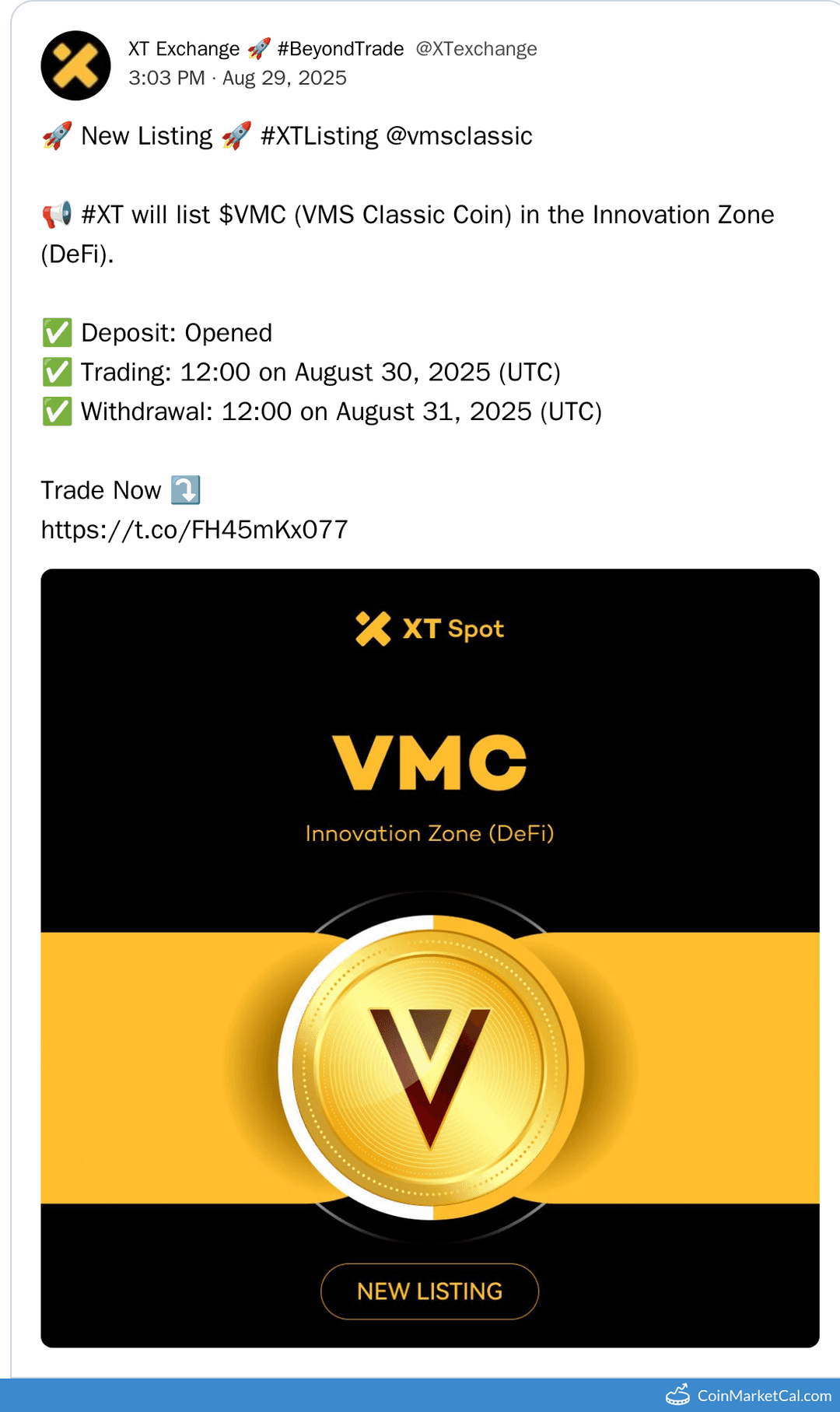 VMS Classic (VMC) Listing on XT.com