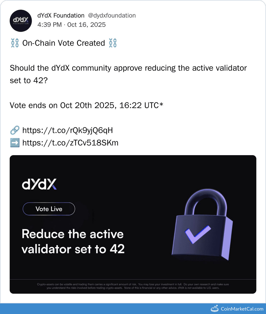 dYdX Prop #297 Vote on Validator Set Reduction