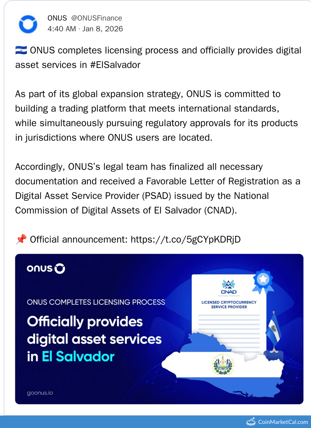 ONUS El Salvador PSAD License