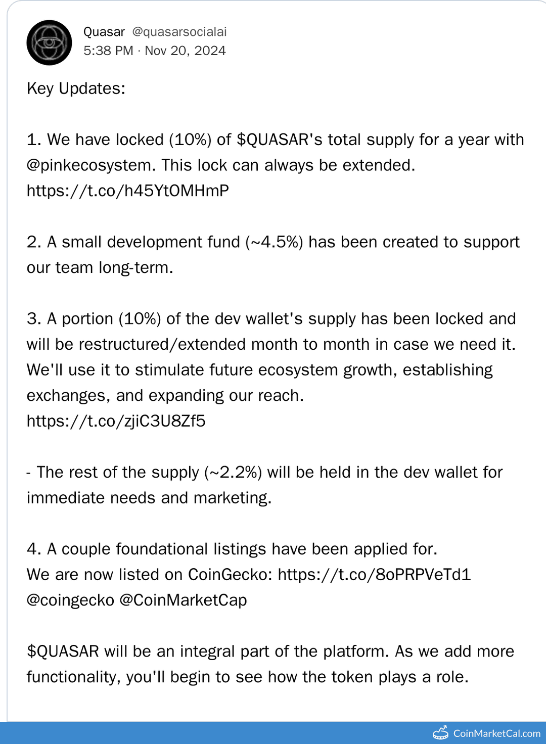 Quasar Supply Lock Update