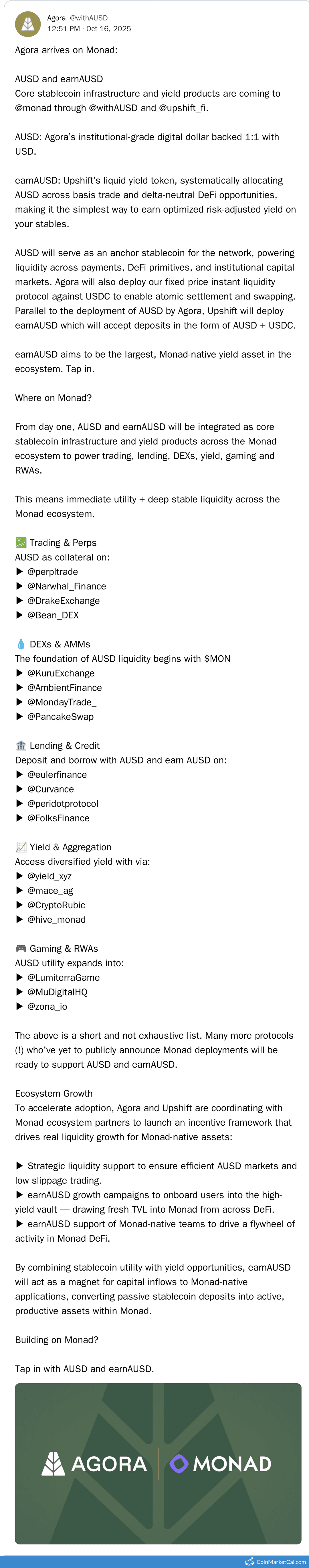 Agora's AUSD Launches On Monad