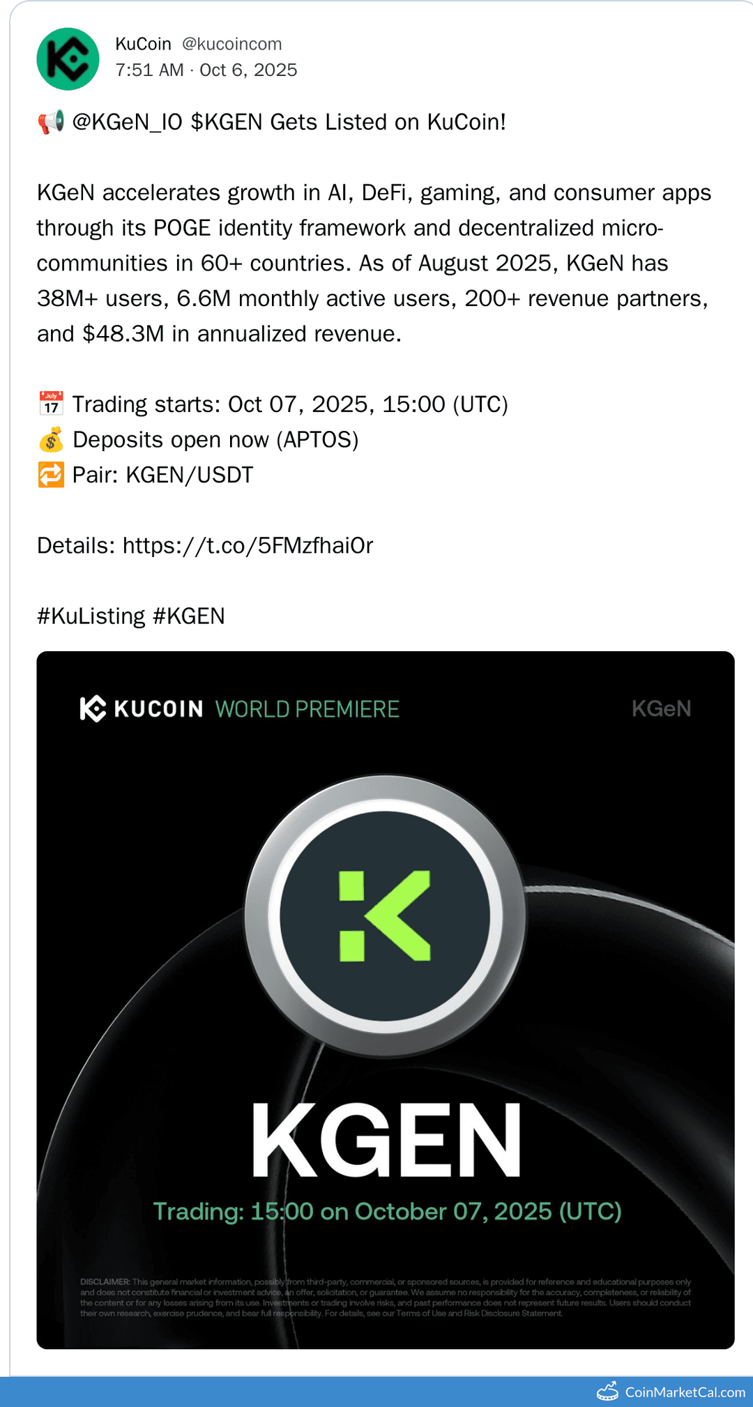 KuCoin Listing of KGeN on October 7, 2025