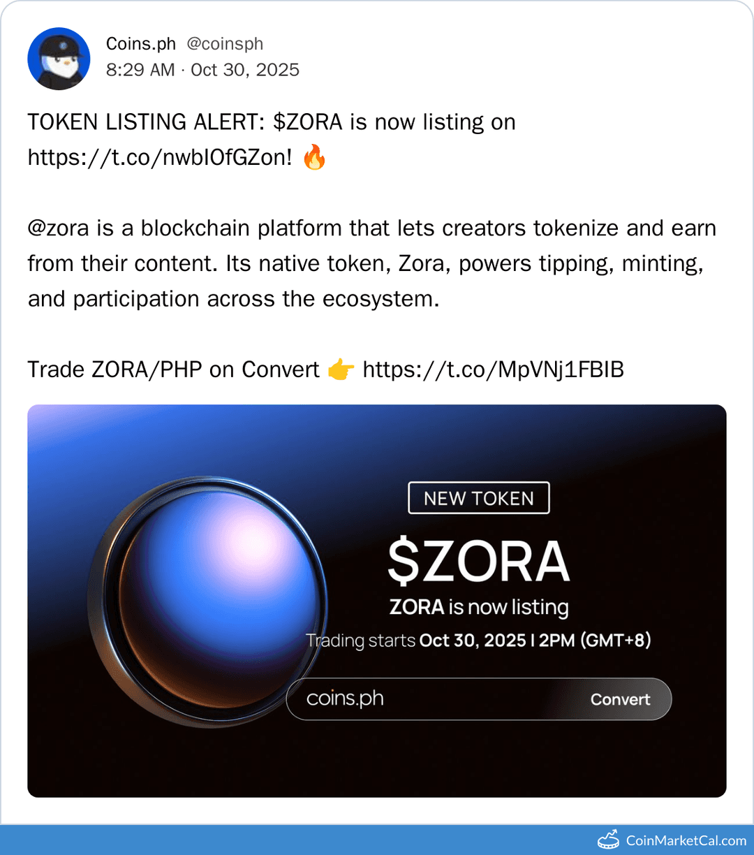 Coins.ph Listing of Zora with ZORA/PHP Pair
